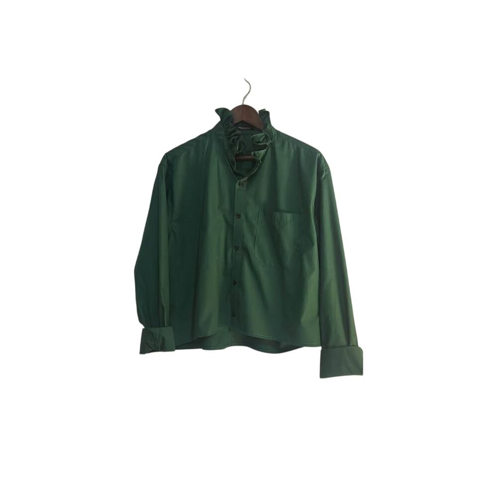 Upcycled Ruffled Collared Shirt Dark Green